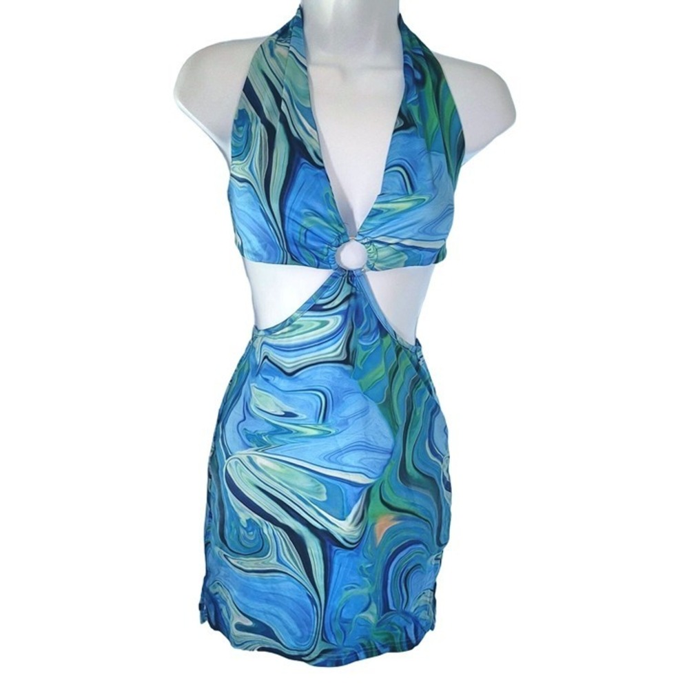 Fun Beach Dress Tie Back Halter Blue Swim Pool Luau